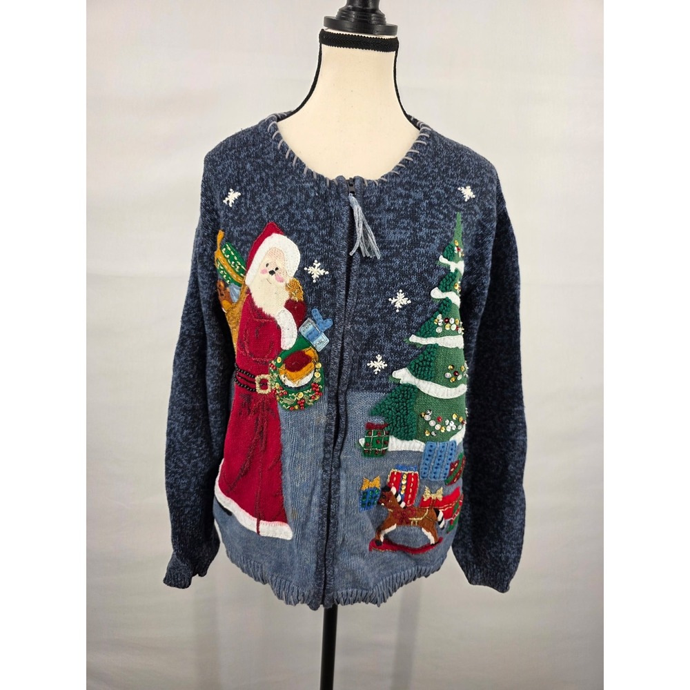 Tiara International Christmas Cardigan Sweater Blue Santa Tree Zip Up Womens L